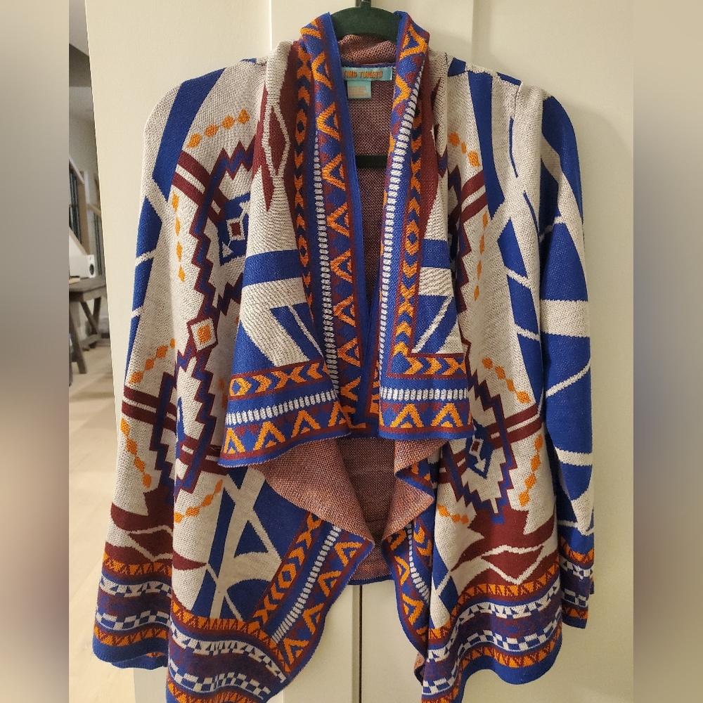 Flying Tomato Vibrant Blue and Orange Southwestern Style Cardigan Sz.Large